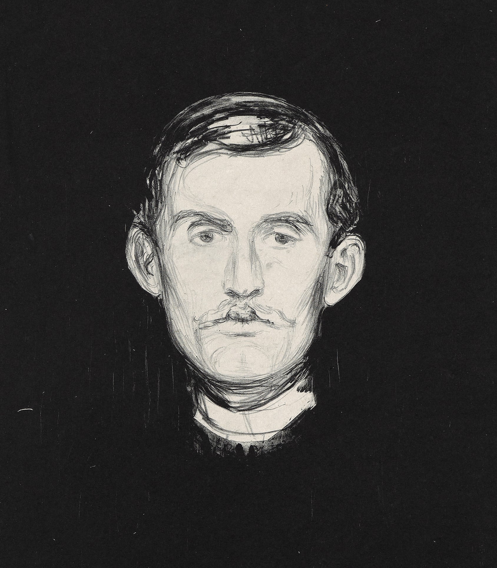 Edvard Munch: Self-Portrait, 1895. Edvard Munch’s head is depicted in white against a black background. His head faces straight forward, and his expression appears somewhat weary. Lithograph.
