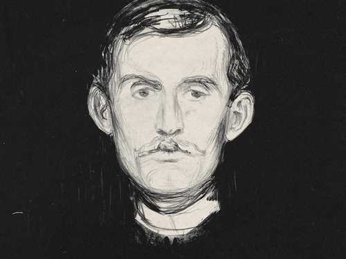 Edvard Munch: Selvportrett, 1895. Hodet til Edvard Munch i hvitt på svart bakgrunn. Hodet er vendt rett frem og ansiktsuttrykket ser litt slitent ut. Litografi