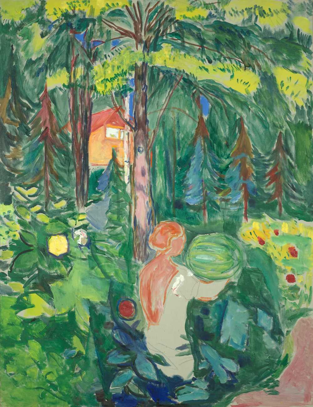 Edvard Munch; Woman with pumpkin. A painting of a woman in the forest holding a pumpkin, with a house in the background.
