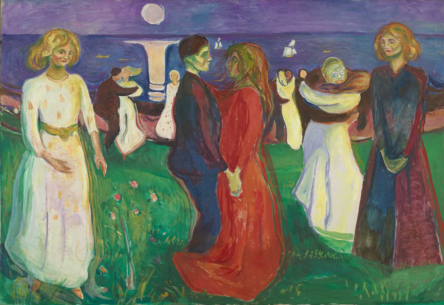 Edvard Munch: The Dance of Life, 1925. We see people dancing on a grassy meadow in the moonlight, with a beach, the sea, and a moon reflecting on the water in the background. In the centre of the painting, a couple dances closely—a man in a dark suit and a woman in a red dress. To the left of the couple, a woman in a white dress stands alone. To the right, another woman stands alone, dressed in a black dress. Painting.