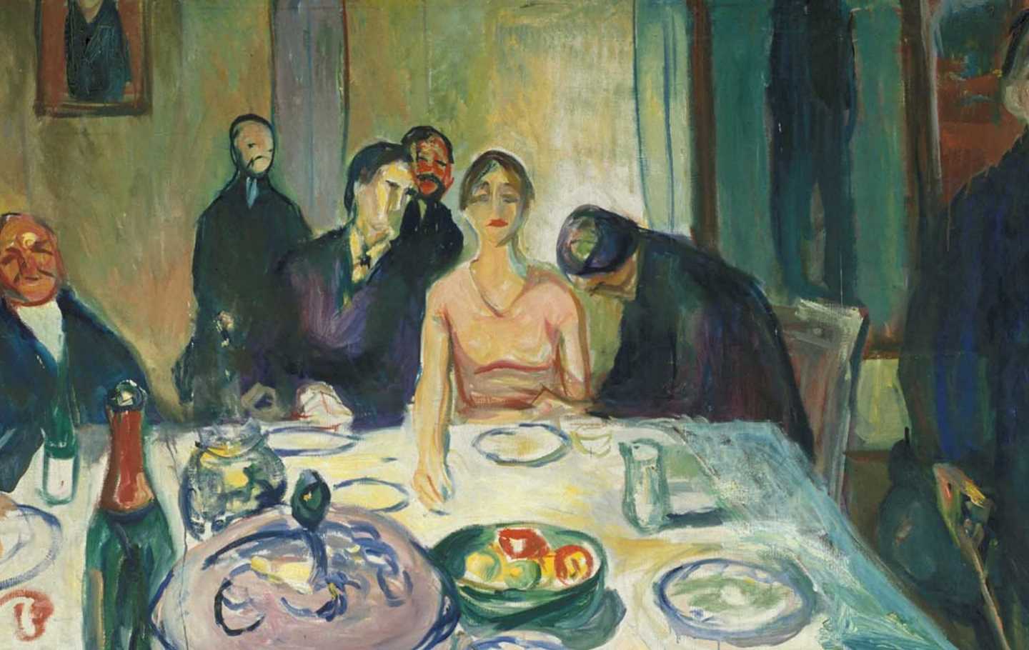 An elegantly dressed woman sits at a table set for a celebratory meal. Around her are several men in dark suits with partially blurred facial expressions. The men closest to the woman lean towards her, and one of them appears to be holding her hand. The woman stares straight ahead with an unfathomable gaze.