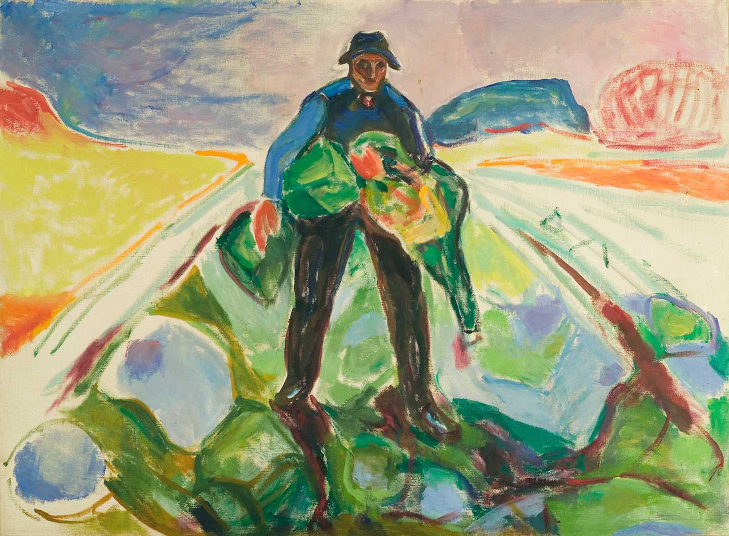 Edvard Munch: The Man in the Cabbage Field, 1943. A man stands with his legs apart in the middle of a cabbage field, holding an armful of cabbages. The field is painted in shades of yellow, white, and green. Painting.