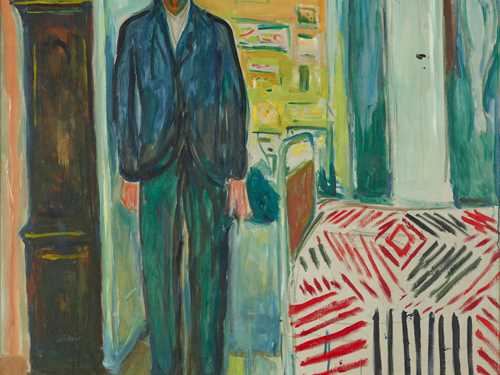 Edvard Munch: Self-Portrait. Between the Clock and the Bed, 1940–43. An old man stands upright with his arms hanging by his sides. To the right of the man, there is a bed; to the left, a grandfather clock. Painting.