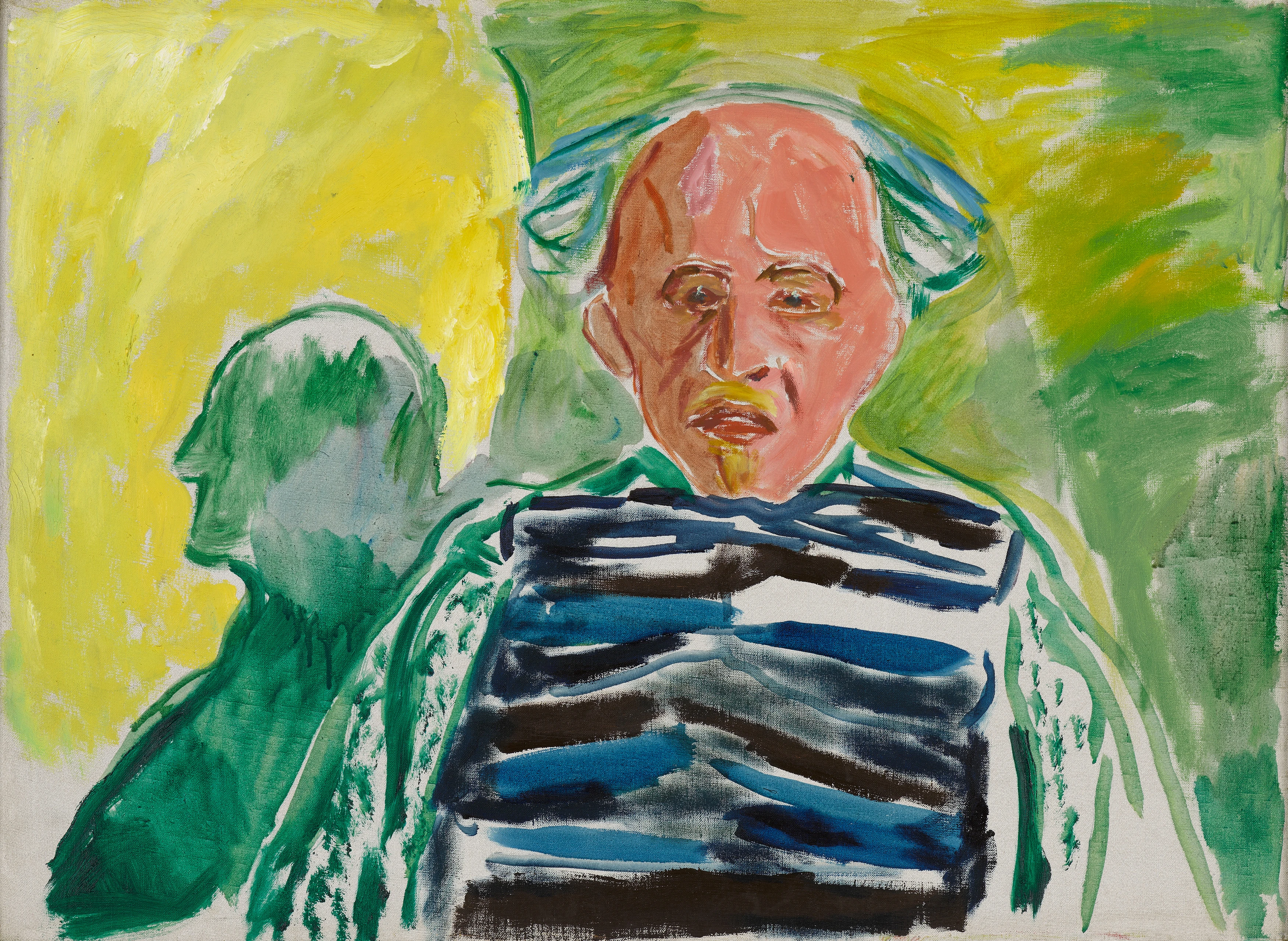 Edvard Munch: Selvportrett, 1940–43. En gammel mann i halvfigur sitter med armene ned langs siden. I bakgrunnen ser man konturen av en annen mann. Bildet er i gul- og grønntoner. Maleri