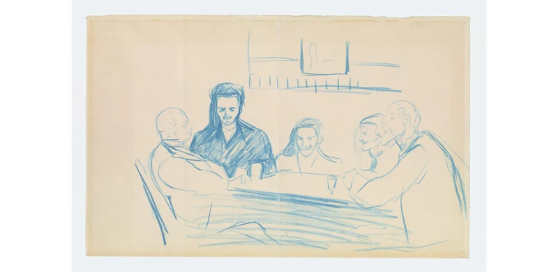 Edvard Munch: Artists Around a Table. Zum Schwarzen Ferkel, 1893 (probable). A drawing made with a blue crayon depicting five people sitting around a table. Drawing.