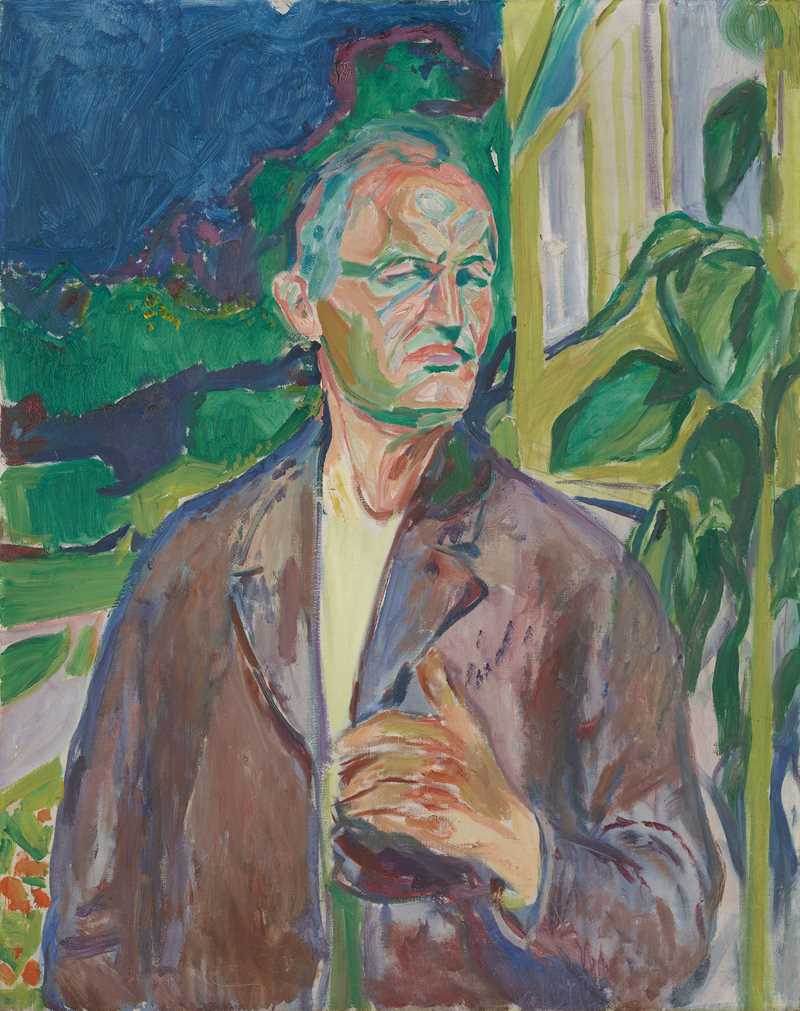 Edvard Munch: Self-Portrait in Front of the House Wall, 1926. Edvard Munch is shown in a half-length portrait standing in front of a yellow house wall with a green plant. He is wearing a brown blazer with something white underneath. His right arm hangs down by his side, while his left is raised to chest height as if about to grasp his lapel. Behind him, the house wall is visible on the right, while a green garden and a blue sky can be seen on the left. Painting.