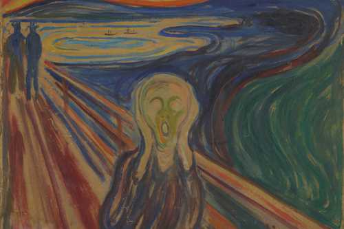 A sinuous, ghostly figure with empty eyes and an open mouth holds his hands over his ears. He stands facing us on a road with flamelike, billowing clouds in the background. Behind him, two men stroll away into the landscape.