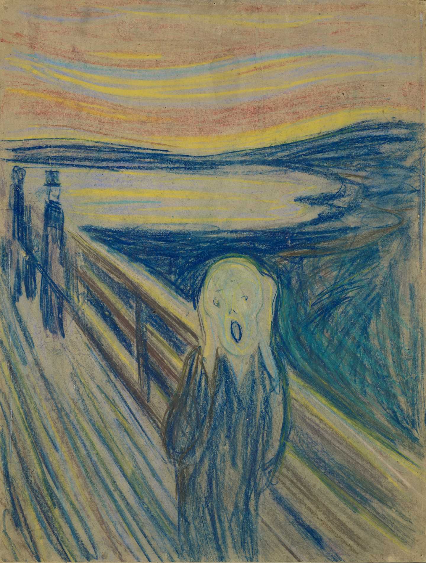 A sinuous, ghostly figure with empty eyes and an open mouth holds his hands over his ears. He stands facing us on a road with flamelike, billowing clouds in the background. Behind him, two men stroll away into the landscape.