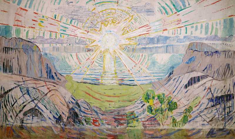 A magnificent painting of a sunrise over a fjord landscape. The sun’s rays flood towards you. The sky vibrates and sends blue-green waves across the fjord.