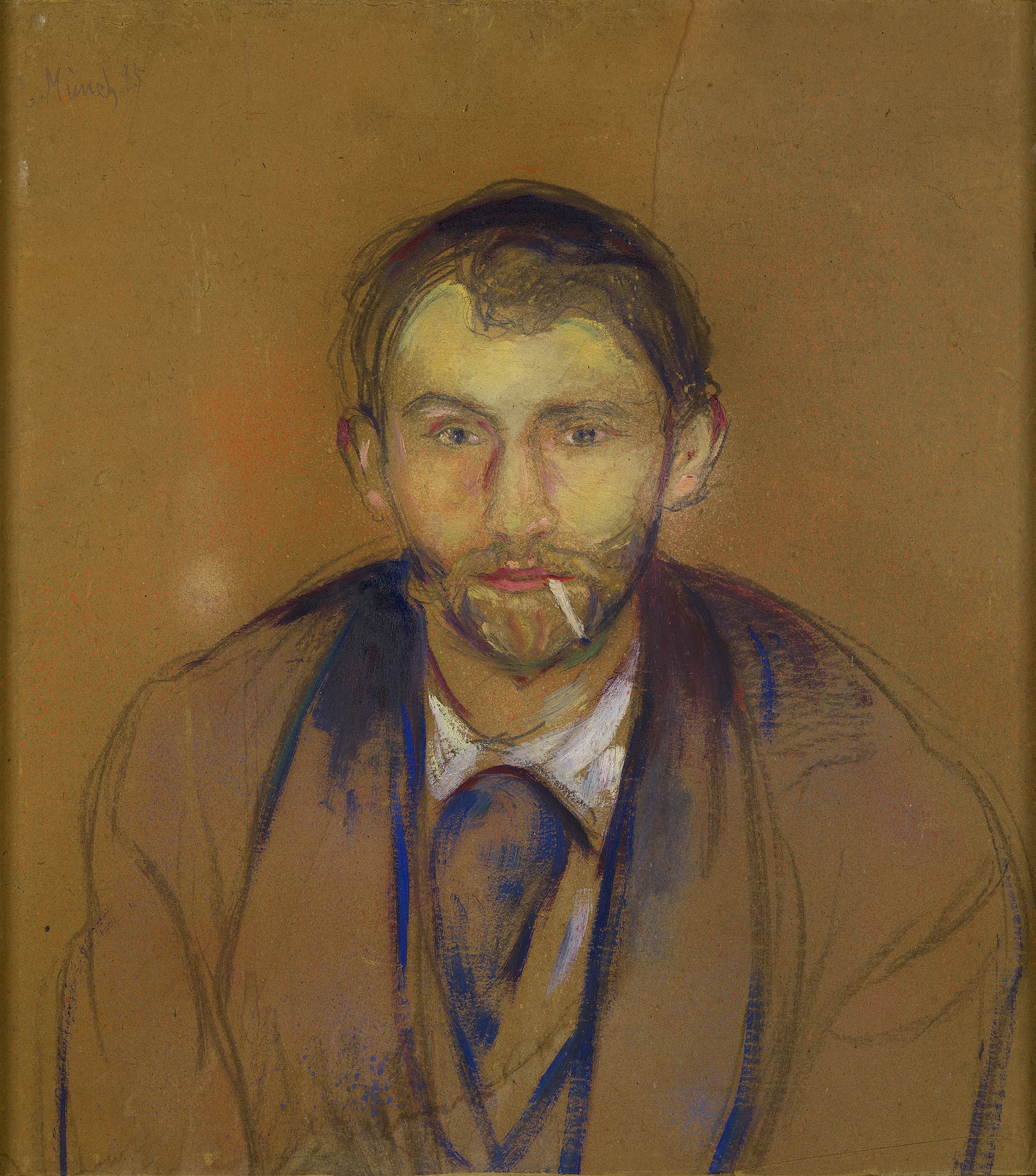 Edvard Munch: Stanislaw Przybyszewski, 1895. We see Stanislaw from the front in a half-length portrait. He looks directly at us with a cigarette in the corner of his mouth. His shoulders are slightly hunched. He is wearing a coat and a white shirt. Painting.