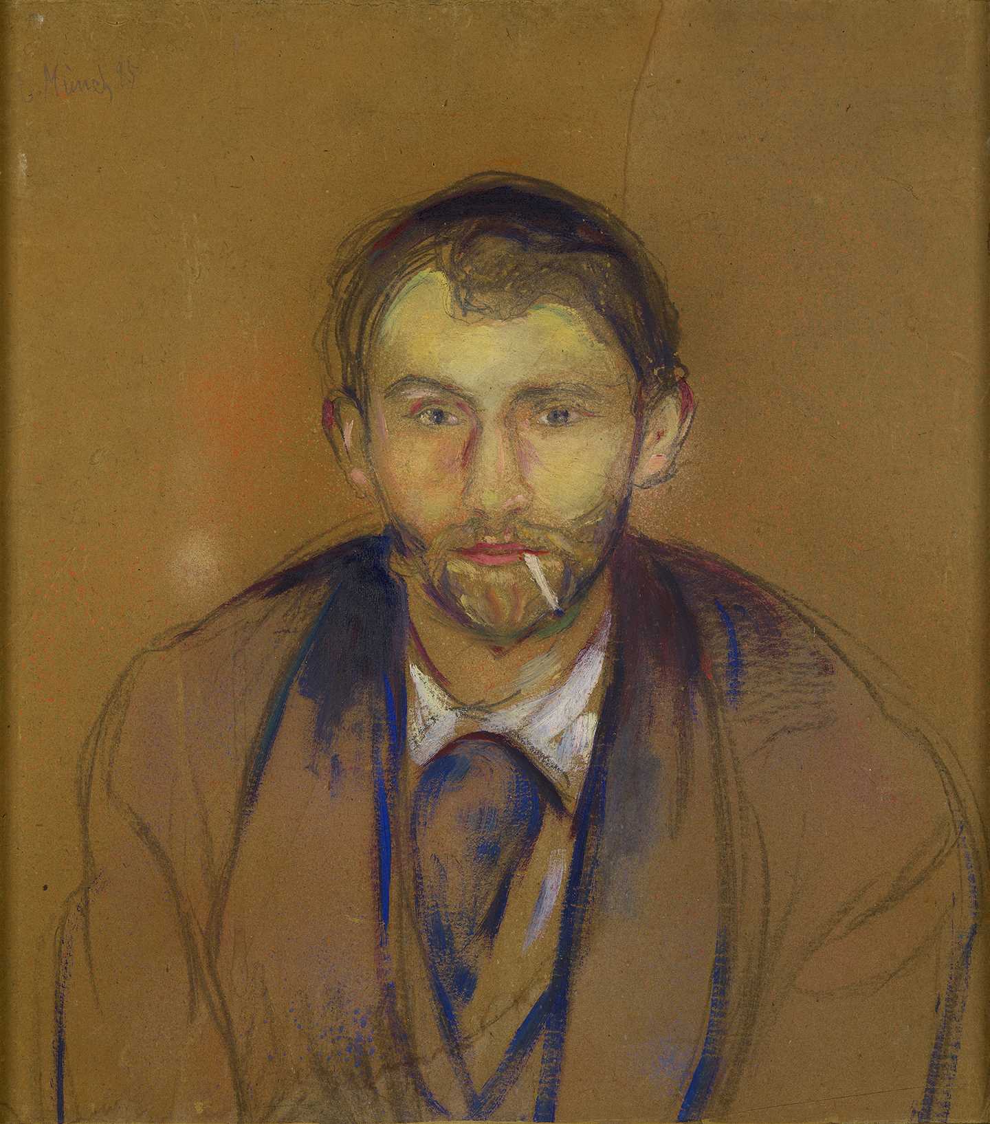 Edvard Munch: Stanislaw Przybyszewski, 1895. We see Stanislaw from the front in a half-length portrait. He looks directly at us with a cigarette in the corner of his mouth. His shoulders are slightly hunched. He is wearing a coat and a white shirt. Painting.