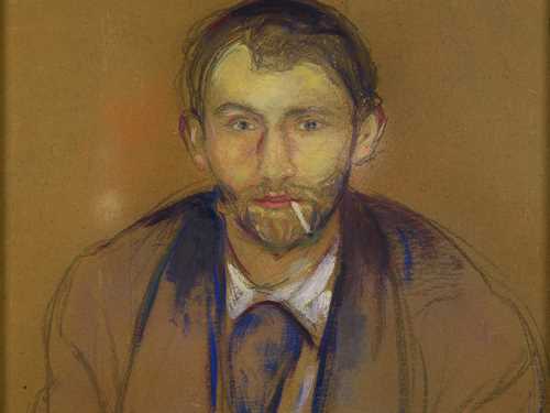 Edvard Munch: Stanislaw Przybyszewski, 1895. We see Stanislaw from the front in a half-length portrait. He looks directly at us with a cigarette in the corner of his mouth. His shoulders are slightly hunched. He is wearing a coat and a white shirt. Painting.