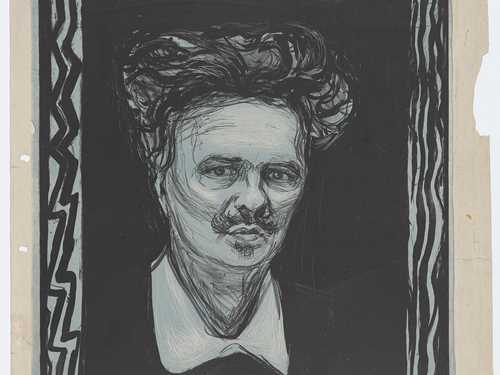 Edvard Munch: August Strindberg, 1896. We see August from the neck up, looking directly at us. He has thick, tousled hair and a moustache above his slightly pursed mouth. He is wearing a white shirt collar. The background is black, surrounded by a white frame with black wavy and zigzag lines.