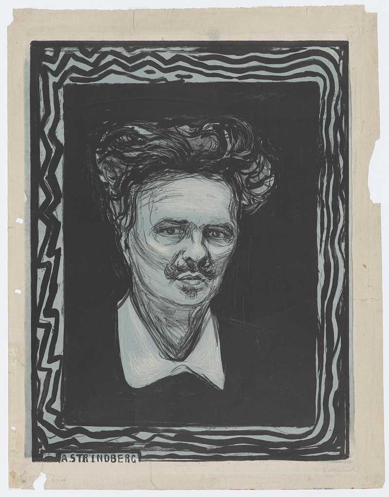 Edvard Munch: August Strindberg, 1896. We see August from the neck up, looking directly at us. He has thick, tousled hair and a moustache above his slightly pursed mouth. He is wearing a white shirt collar. The background is black, surrounded by a white frame with black wavy and zigzag lines.