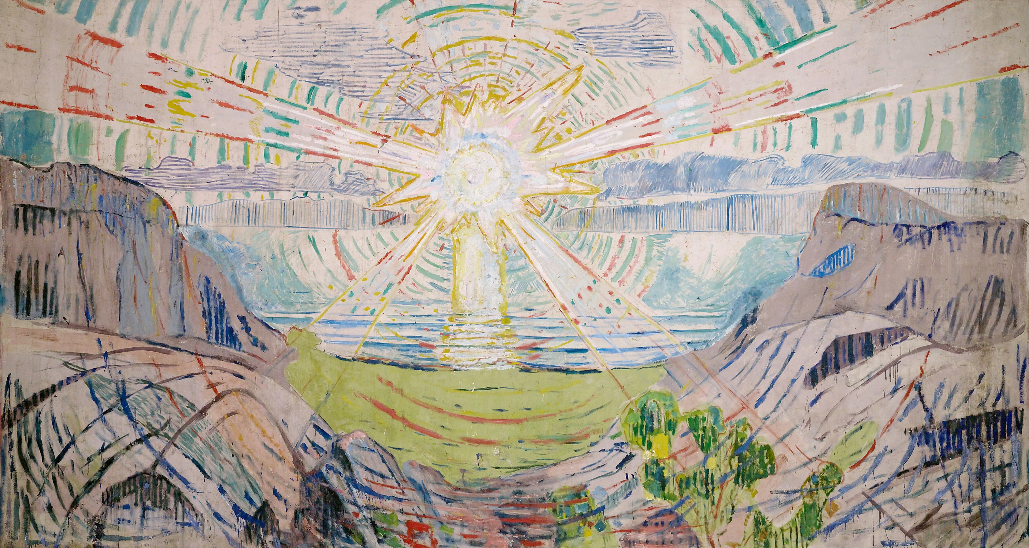 A magnificent painting of a sunrise over a fjord landscape. The sun’s rays flood towards you. The sky vibrates and sends blue-green waves across the fjord. 